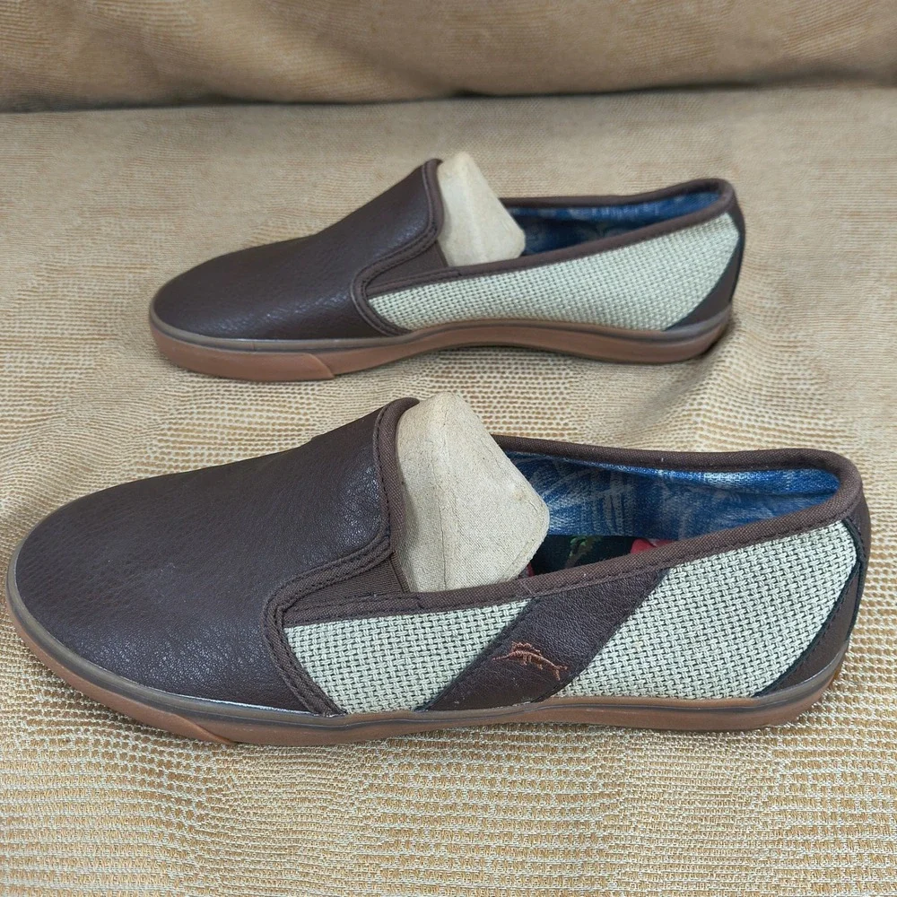 Tommy Bahama Mens Brown PU Leather Textile Slip‎ On Loafers Shoes TB7F00149 10.5